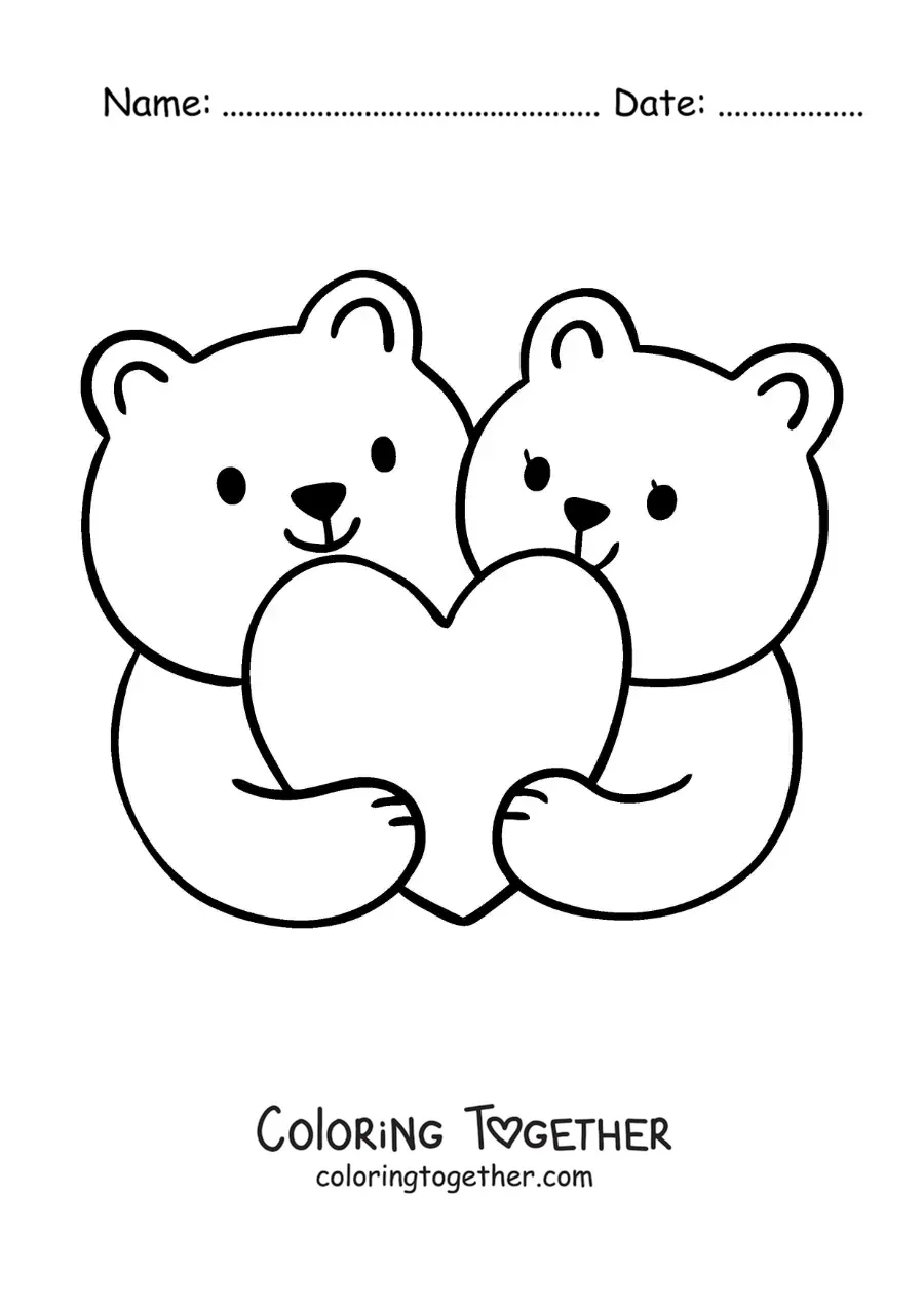 Coloring page of a pair of bears hugging a heart