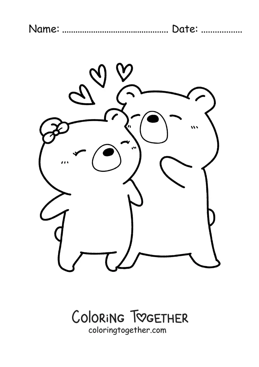 Coloring page of two bears in love with hearts