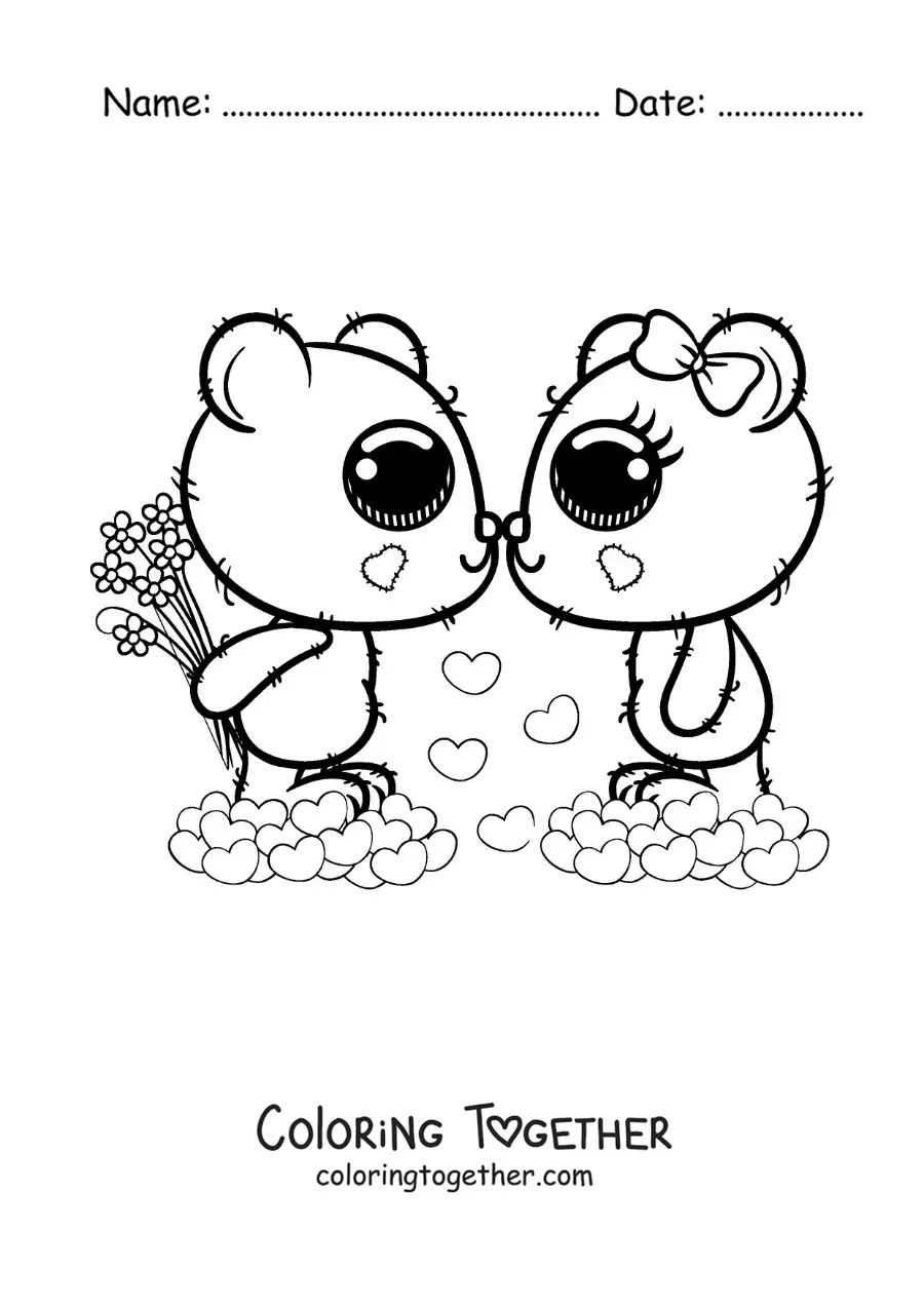 Coloring page of a pair of kawaii bears in love with roses and hearts