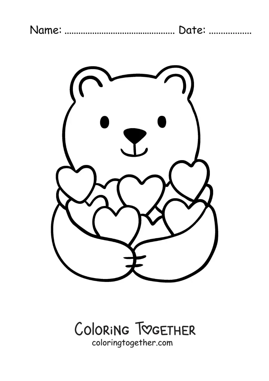 Coloring page of a cute bear with hearts