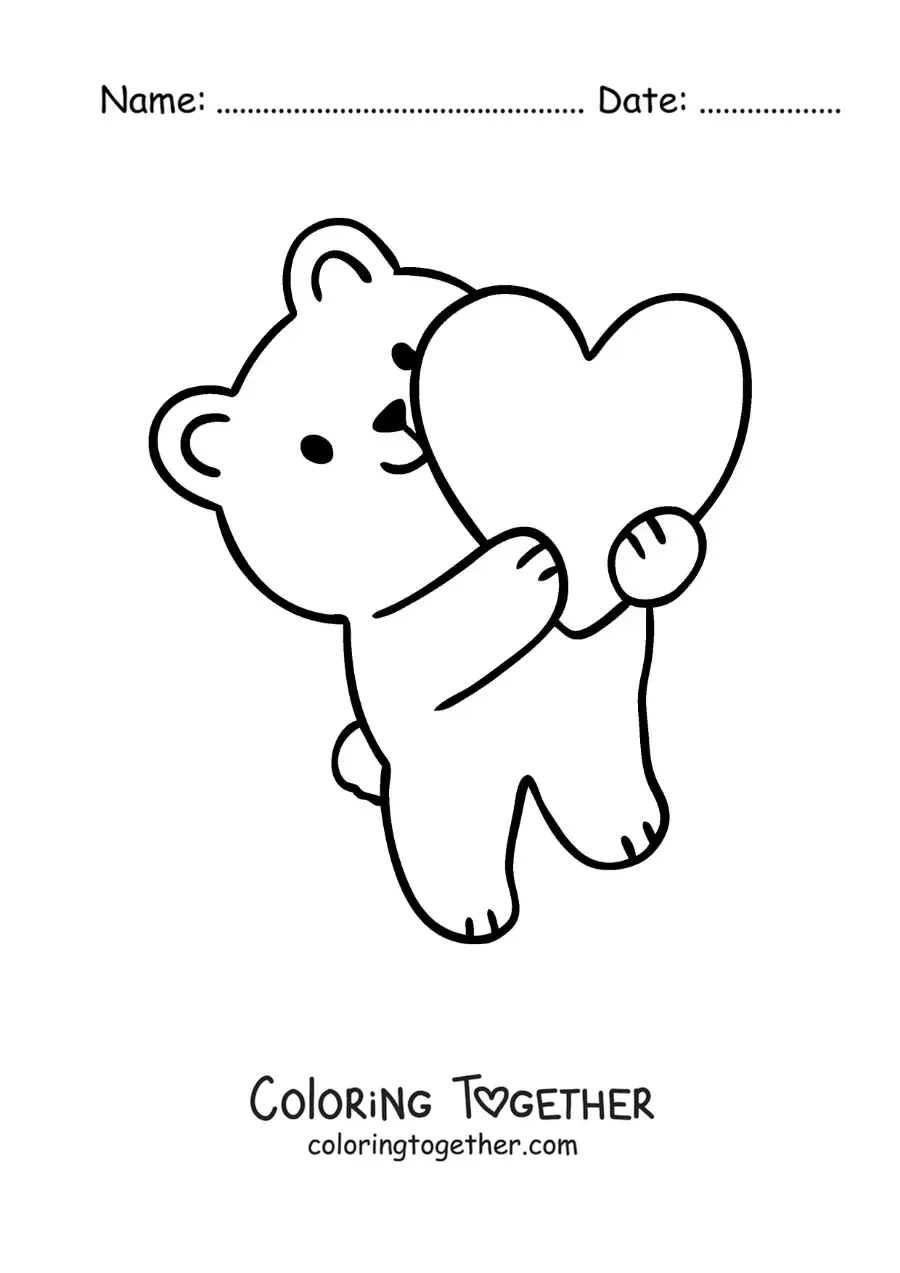 Coloring page of an animated bear with a big heart