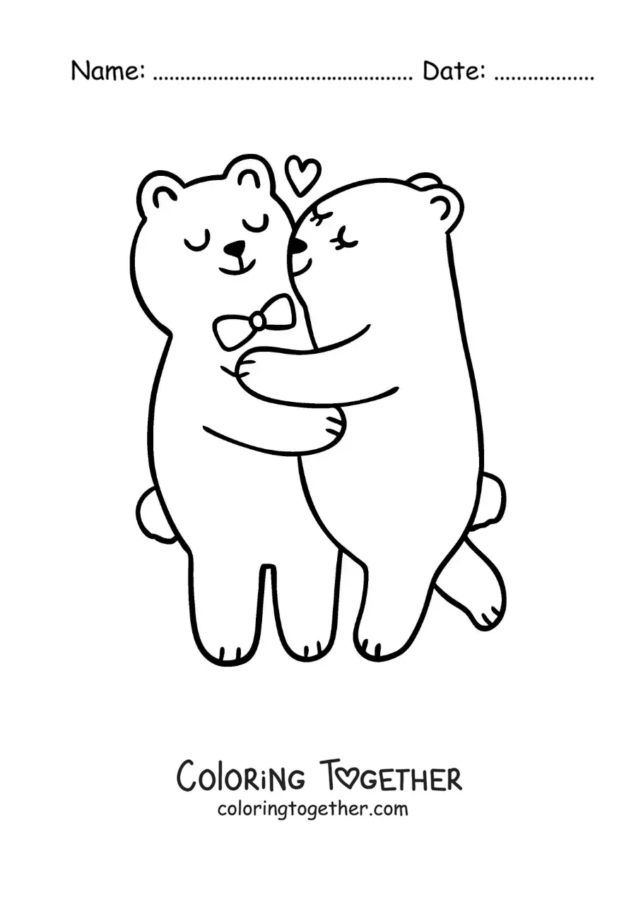 Coloring page of a pair of loving bears hugging