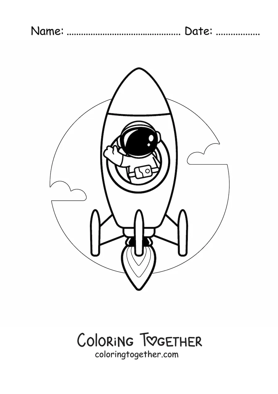 Coloring page of an astronaut waving from a space rocket in flight