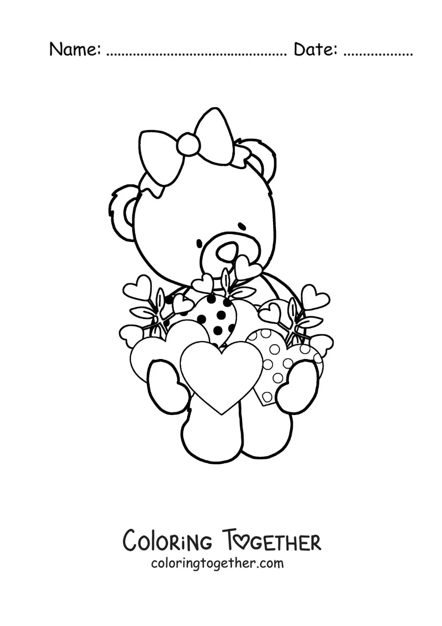Coloring page of an animated girl teddy bear with Valentine's hearts