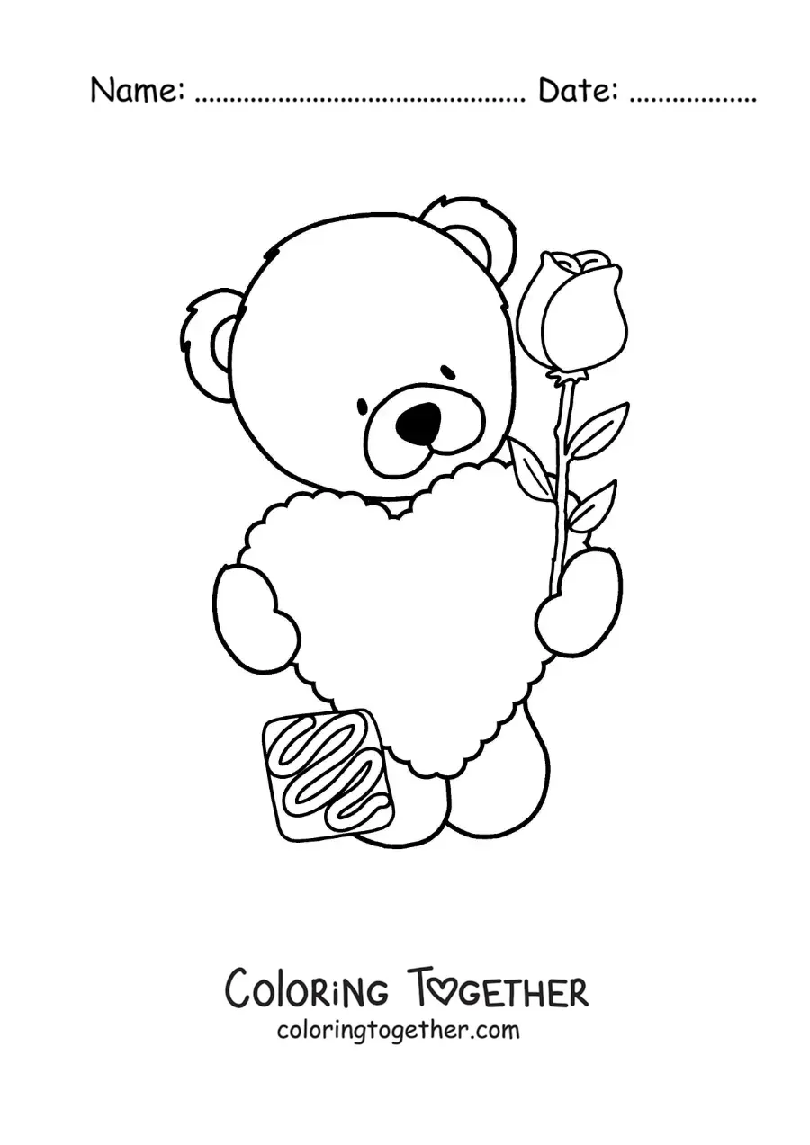 Coloring page of a teddy bear with a heart and a rose