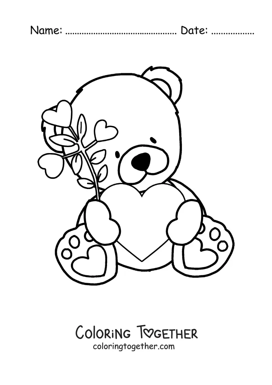 Coloring page of a teddy bear sitting with flowers and a heart