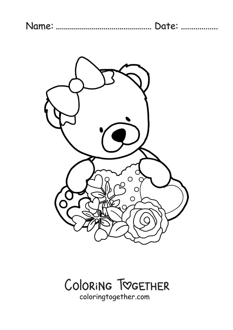 Coloring page of a girl teddy bear sitting with flowers and hearts