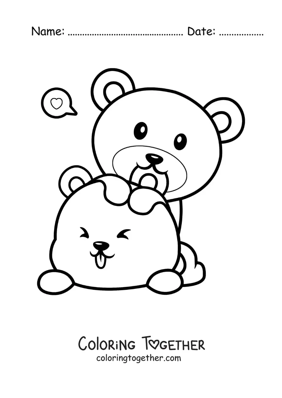 Coloring page of a pair of bears in love playing