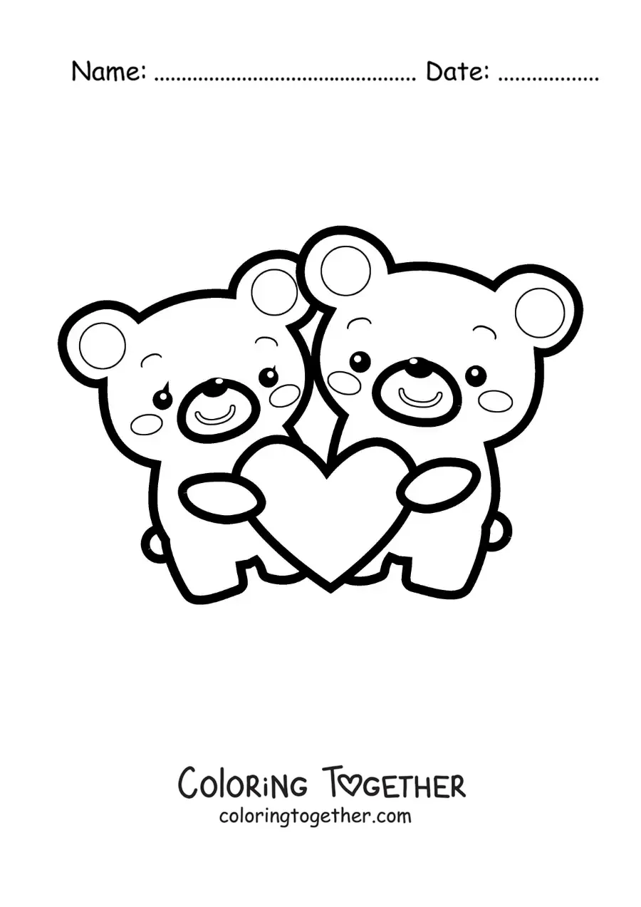 Coloring page of a pair of animated bears with a heart