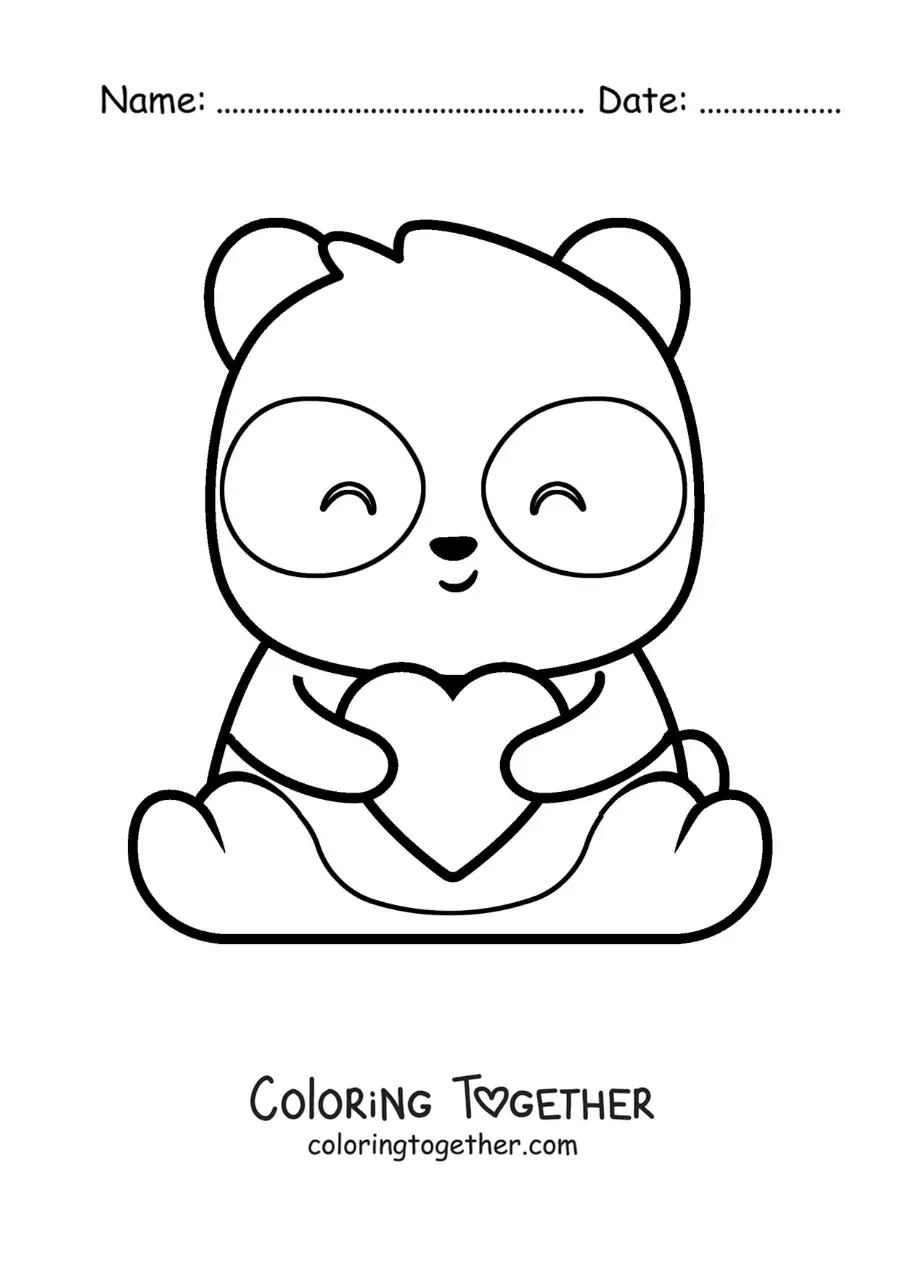 Coloring page of a kawaii panda bear sitting with a heart