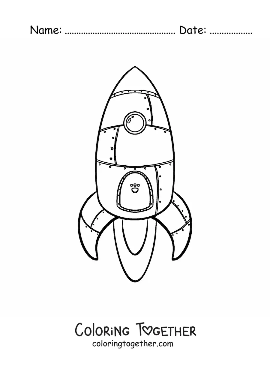 Coloring page of a space rocket flying upward