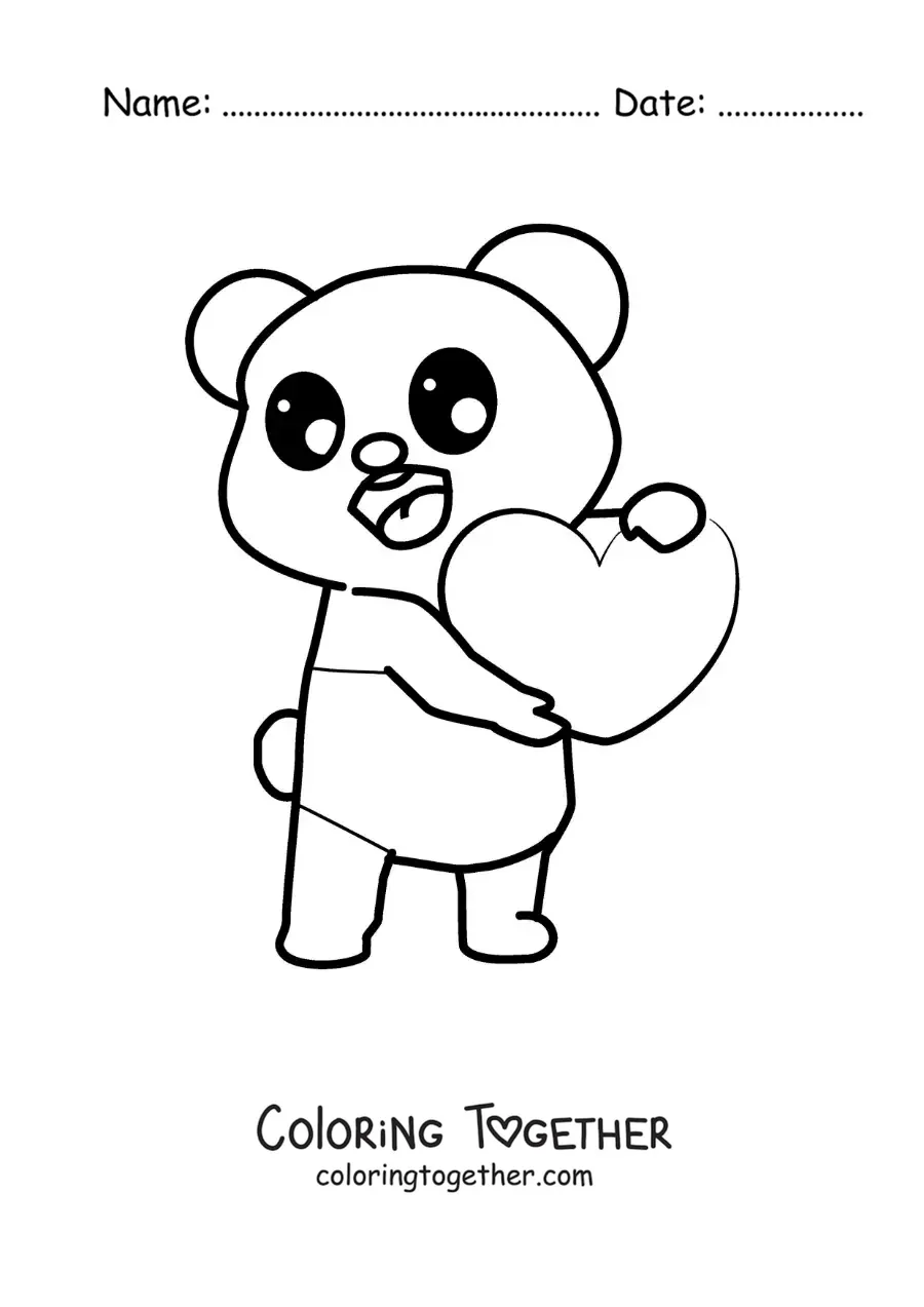 Coloring page of a kawaii bear holding a heart