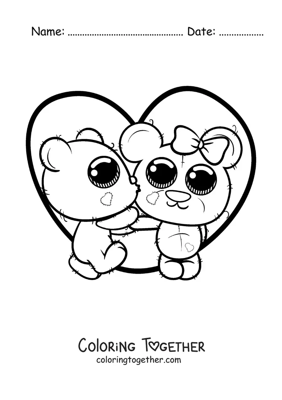 Coloring page of kawaii teddy bears in love with a big heart