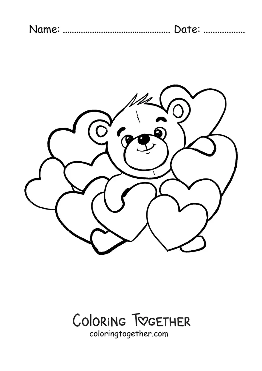 Coloring page of a little bear surrounded by hearts