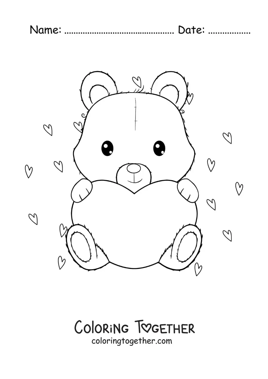 Coloring page of an affectionate bear sitting with a big heart