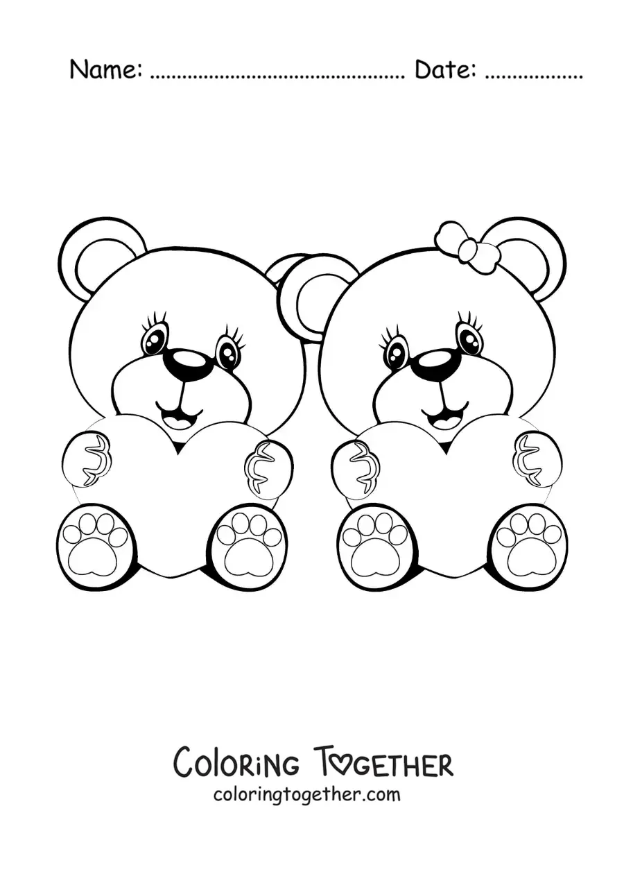 Coloring page of a pair of loving bears sitting with hearts