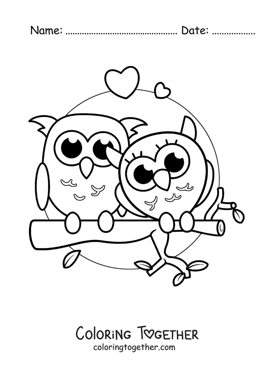 Coloring page of a pair of kawaii owls in love