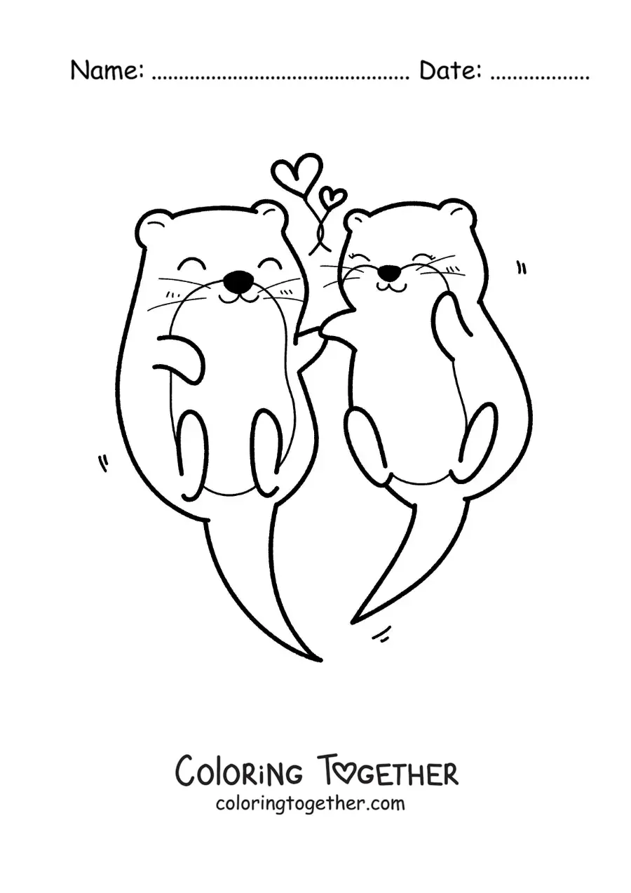 Coloring page of a pair of kawaii otters in love