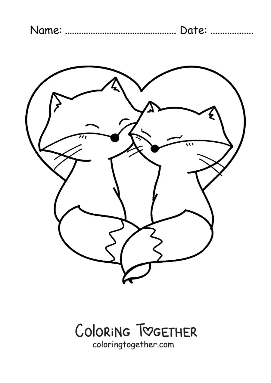 Coloring page of a pair of kawaii foxes in love
