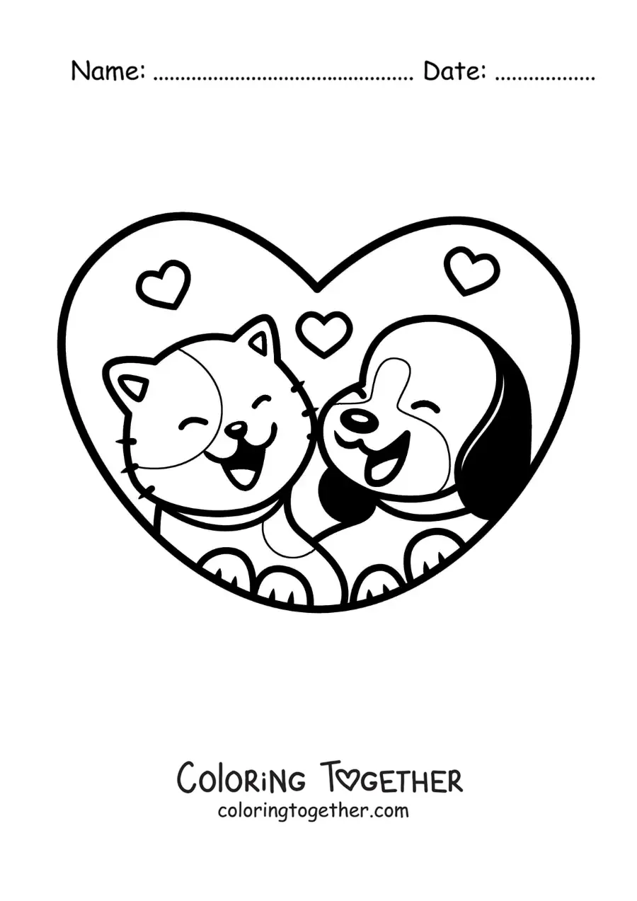 Coloring page of a kawaii bear and cat in love in a heart