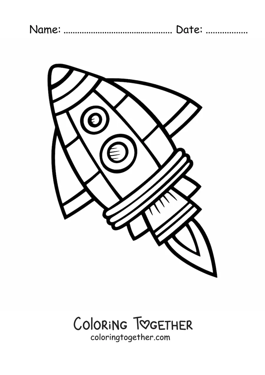 Coloring page of a space rocket flying tilted to the left