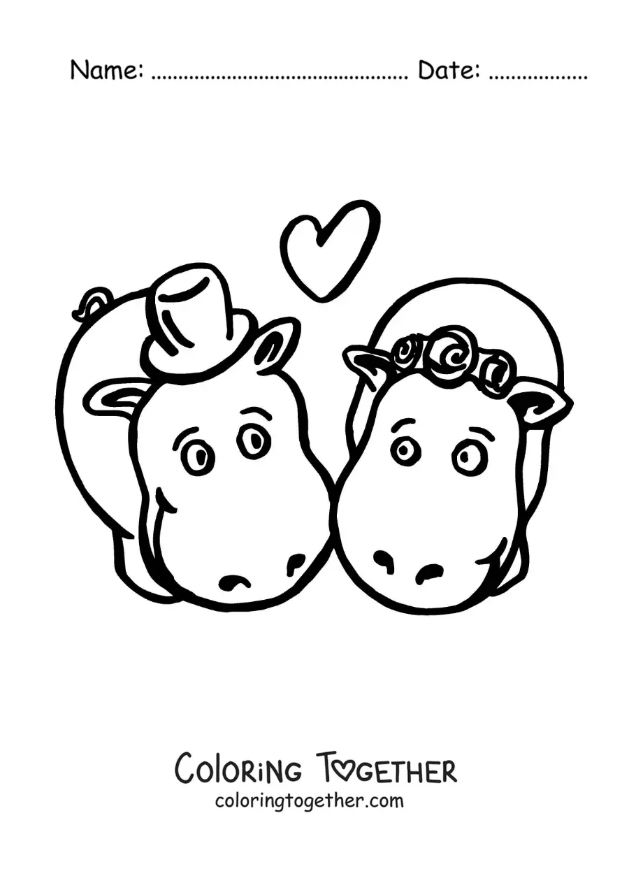 Coloring page of a pair of kawaii hippos in love