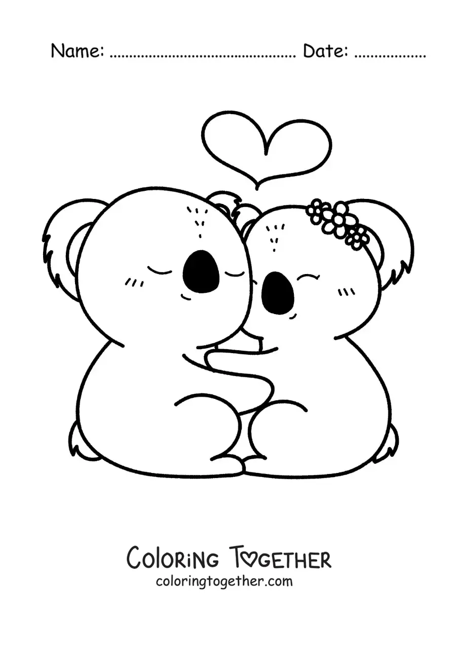 Coloring page of a pair of kawaii koalas in love