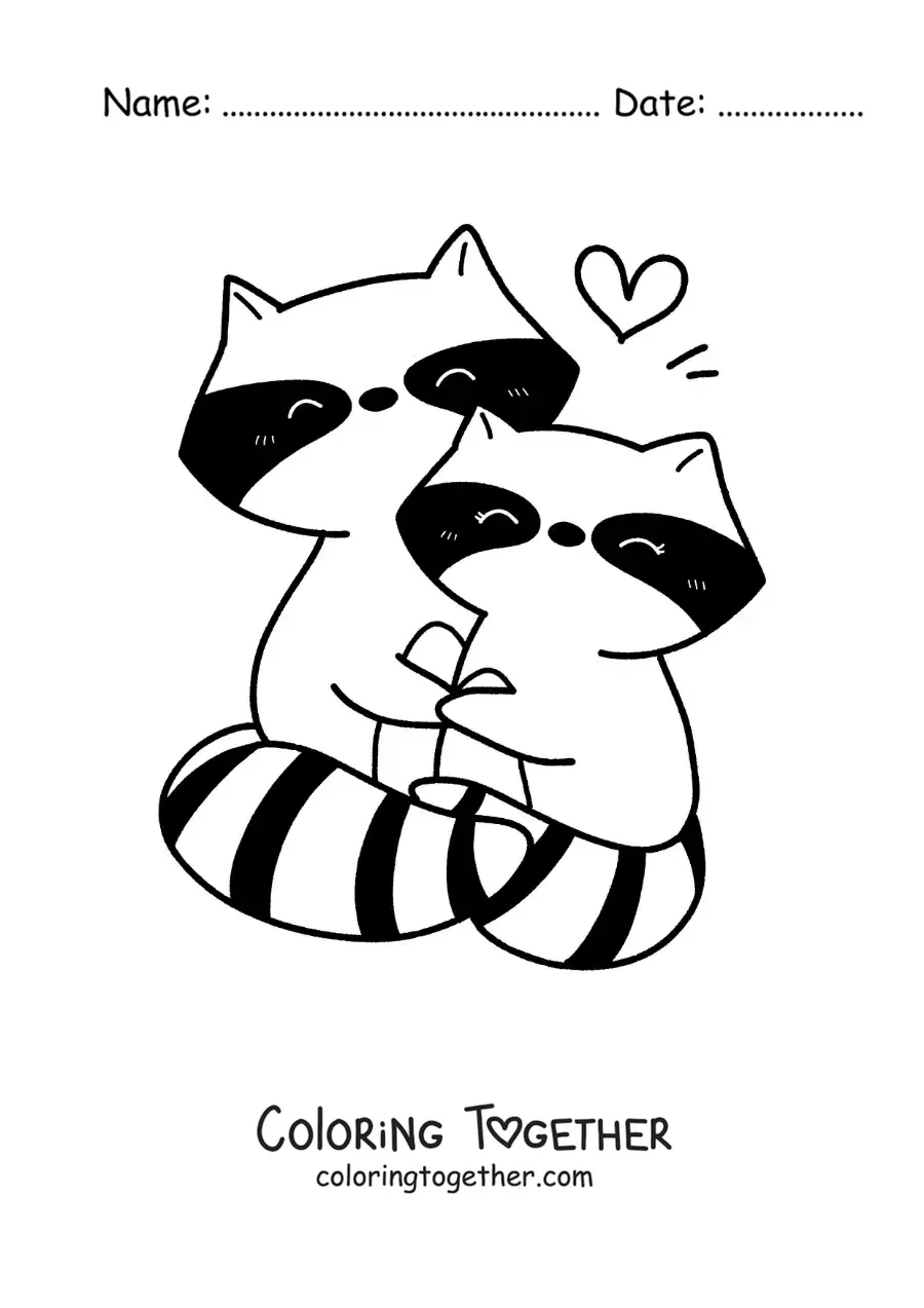 Coloring page of a pair of kawaii raccoons in love
