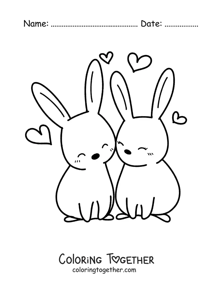 Coloring page of a pair of kawaii rabbits in love