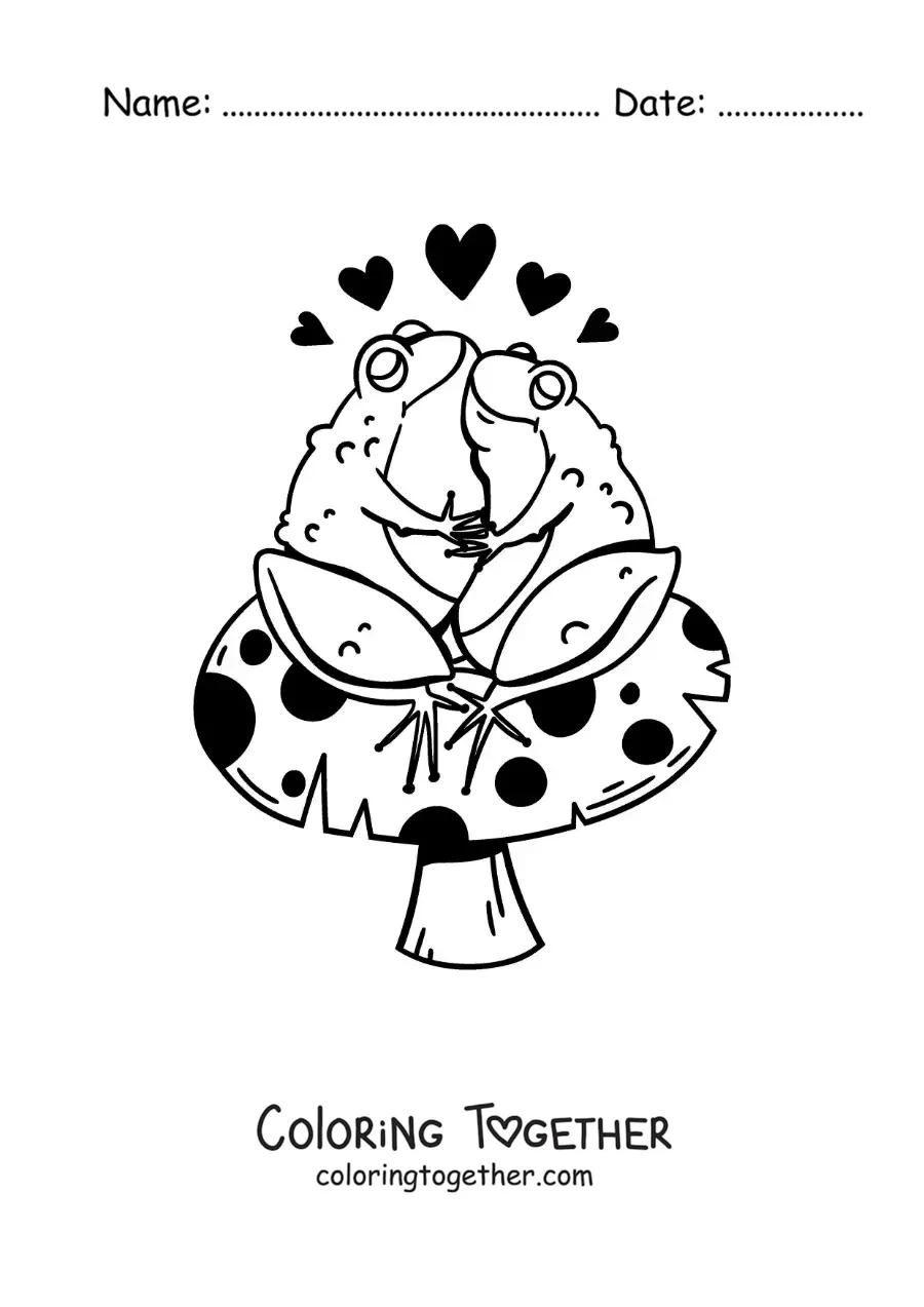 Coloring page of a pair of kawaii frogs in love