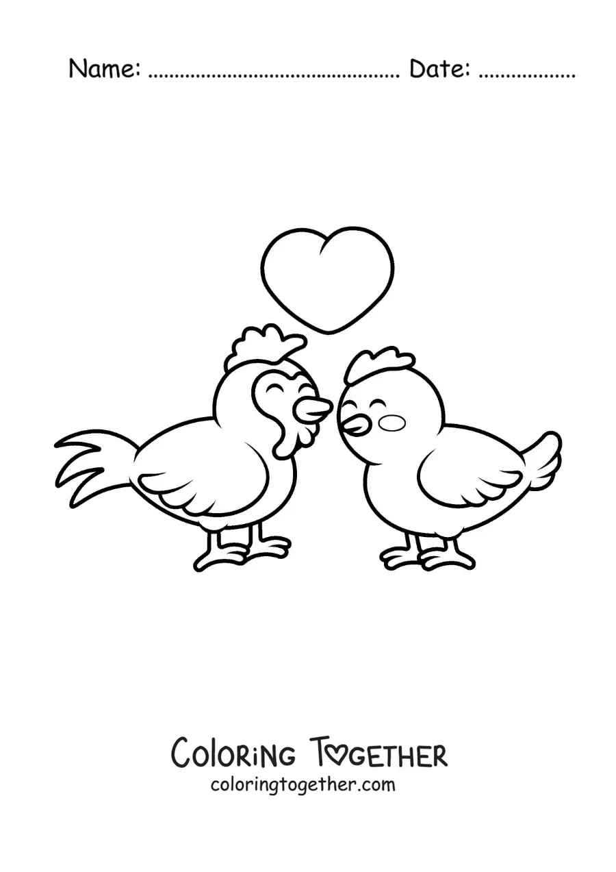 Coloring page of a pair of kawaii rooster and hen in love