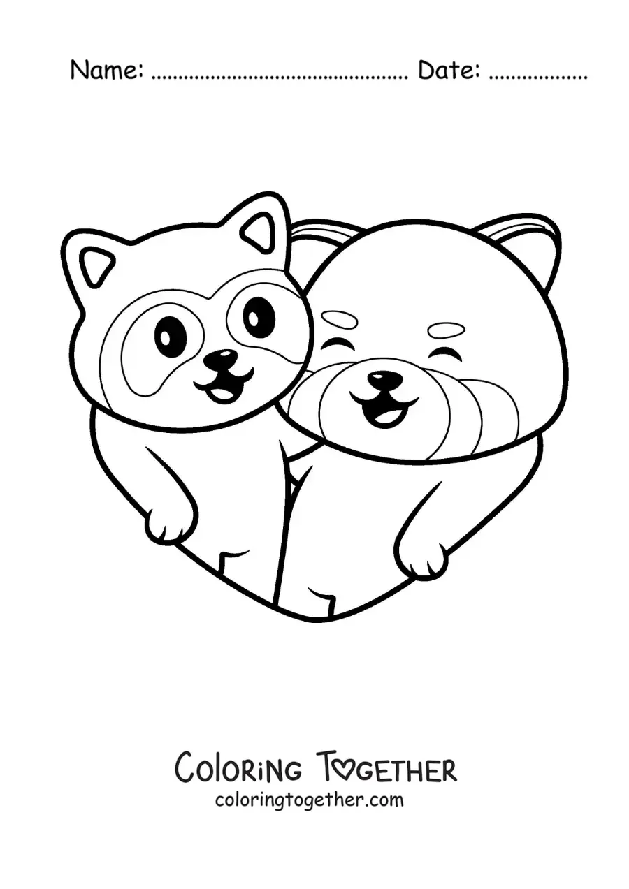 Coloring page of a pair of animated red pandas in love