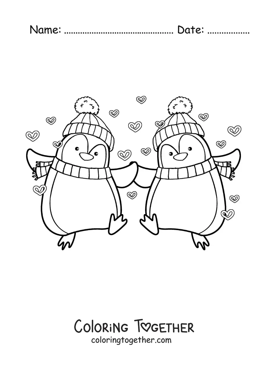Coloring page of a pair of animated penguins in love