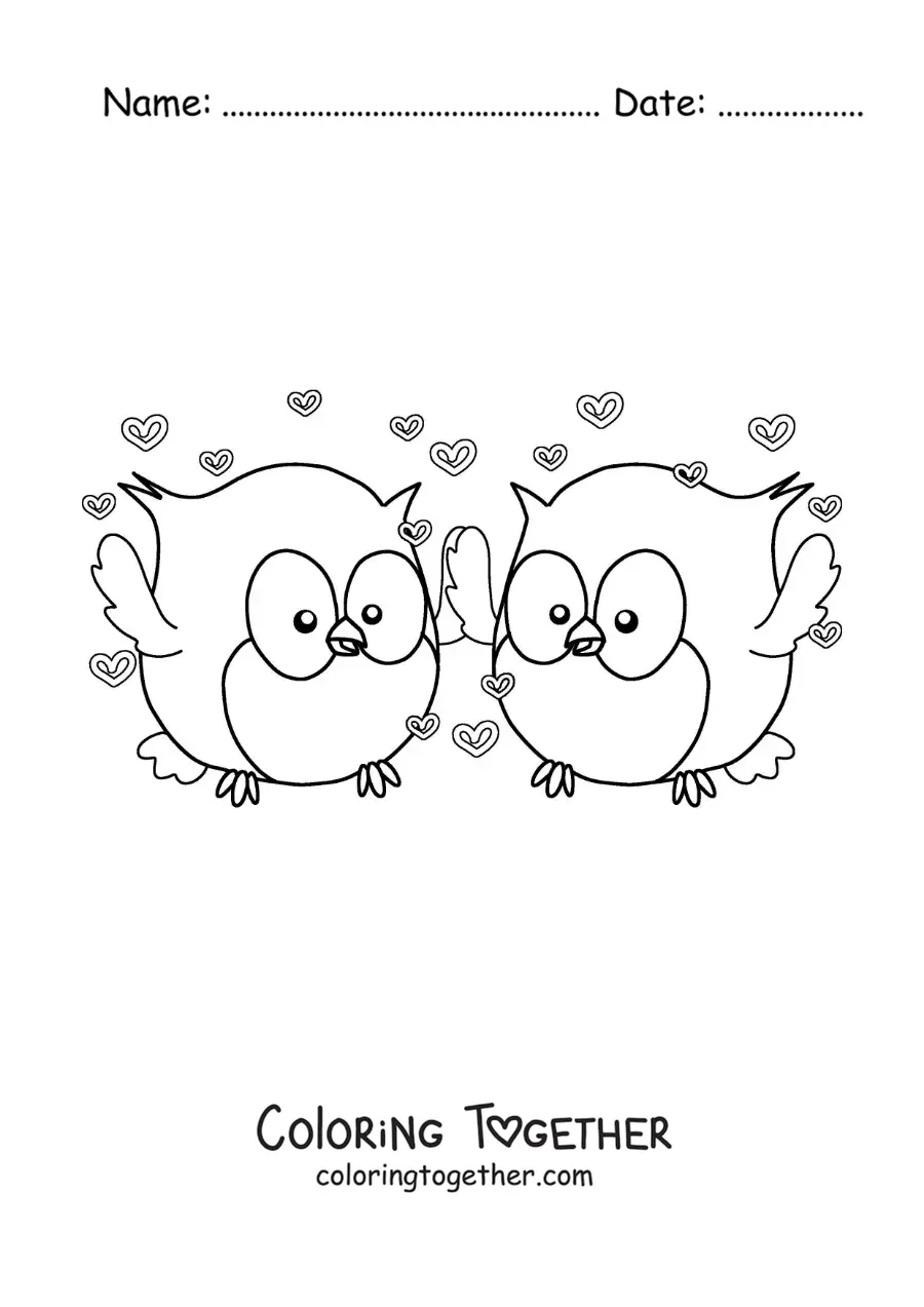 Coloring page of a pair of animated owls in love