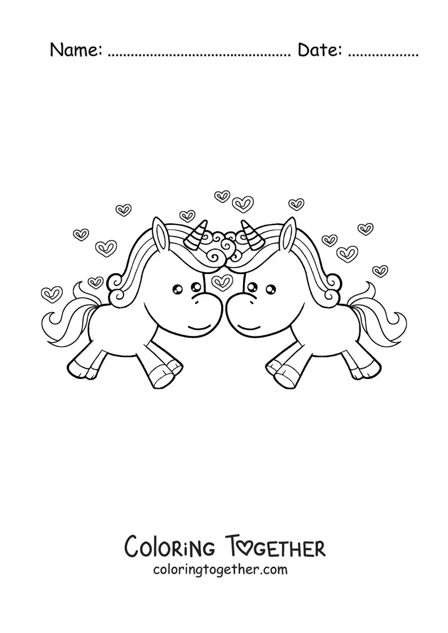 Coloring page of a pair of animated unicorns in love