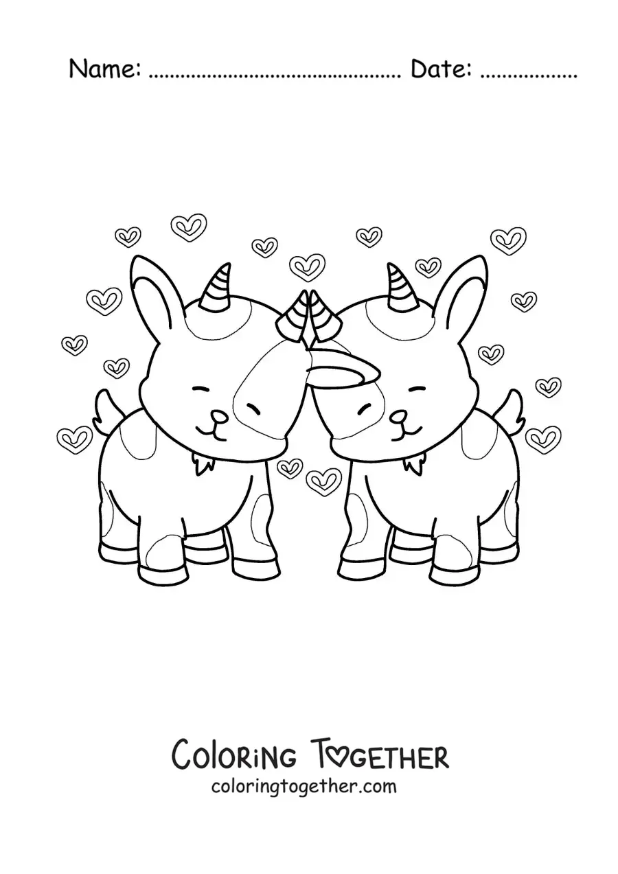 Coloring page of a pair of animated goats in love