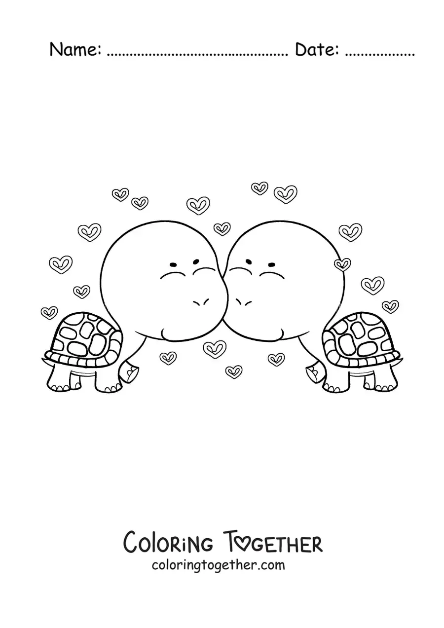 Coloring page of a pair of animated turtles in love