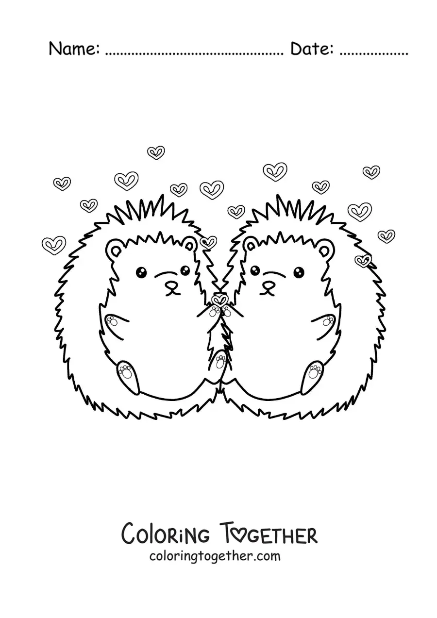 Coloring page of a pair of animated porcupines in love