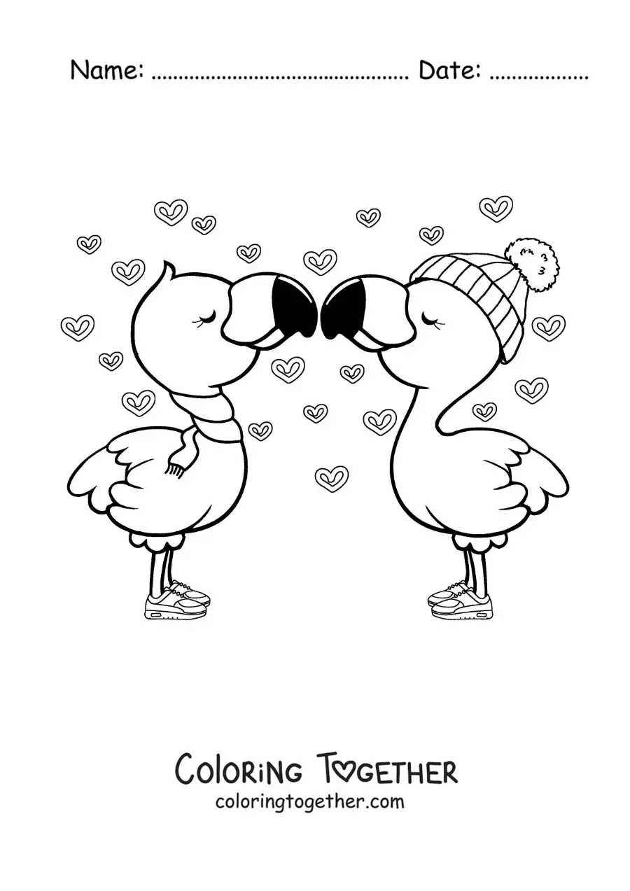 Coloring page of a pair of animated flamingos in love