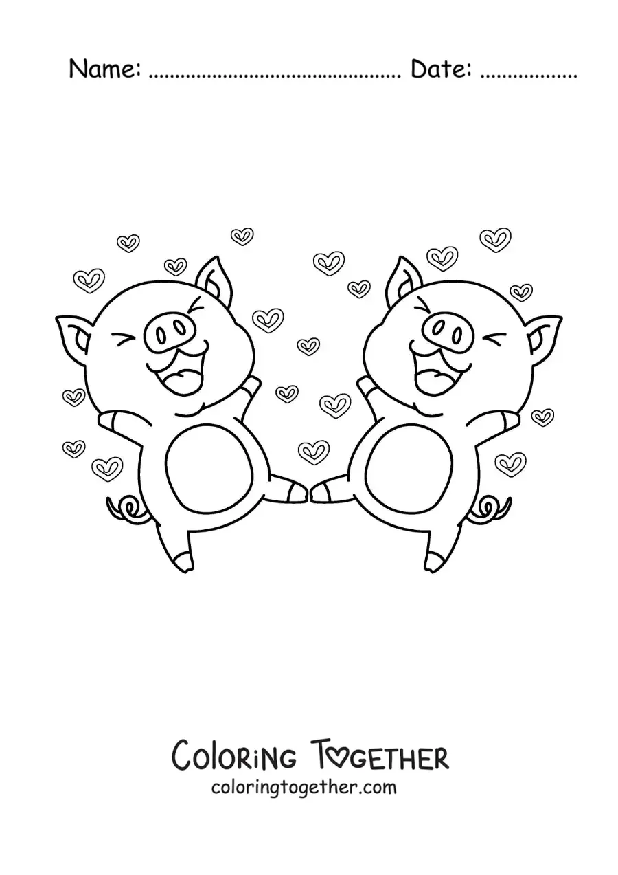 Coloring page of a pair of animated piglets in love