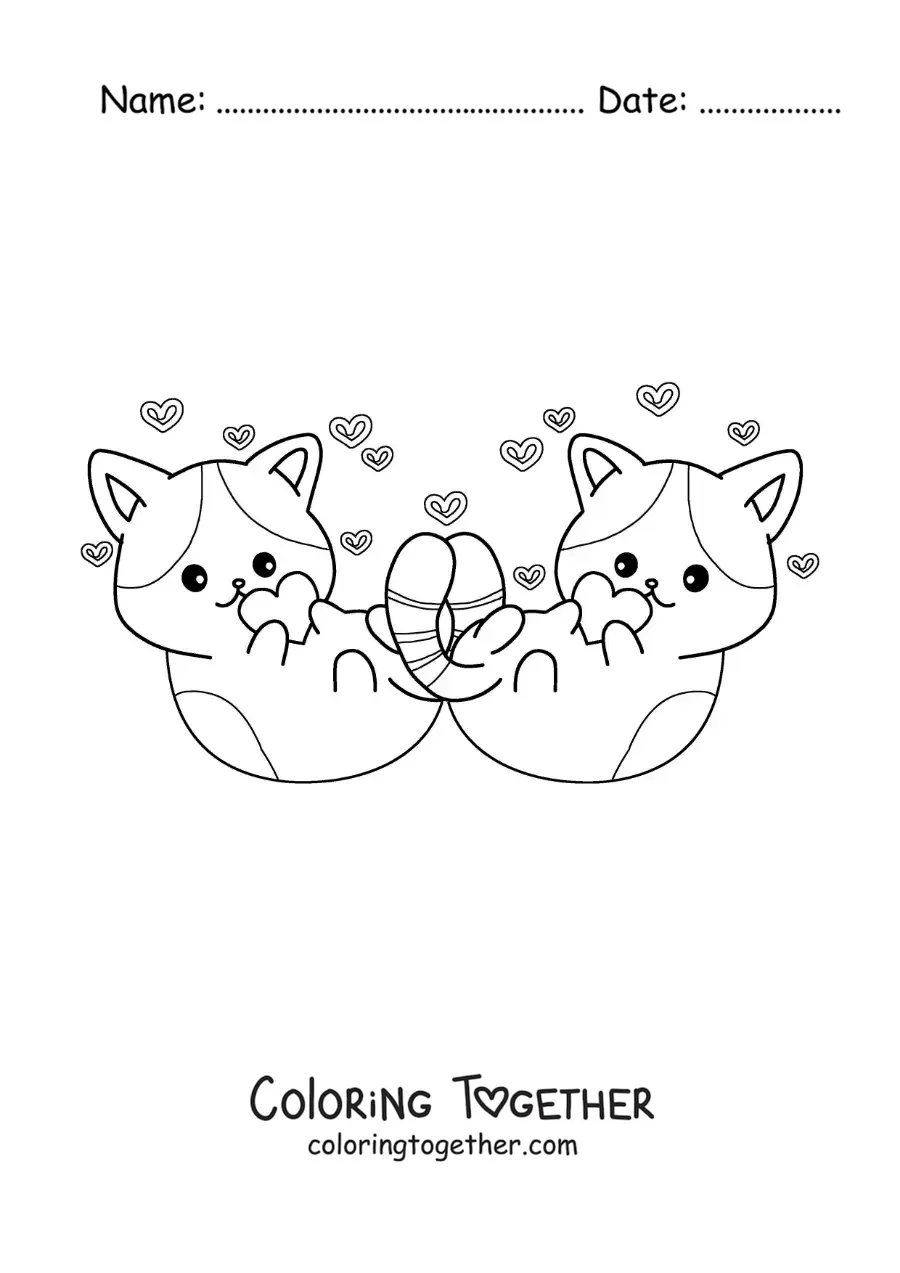 Coloring page of a pair of animated cats in love