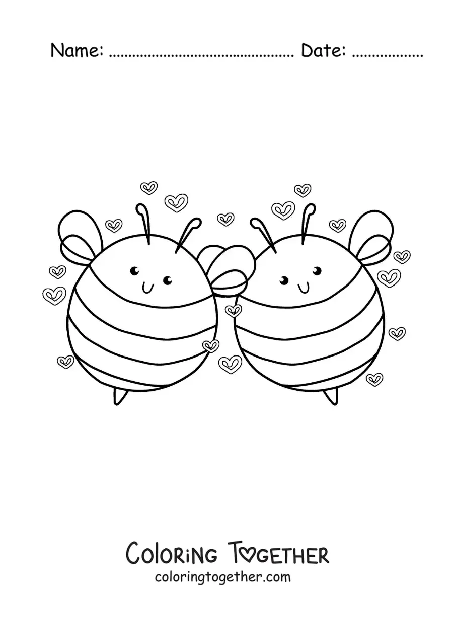 Coloring page of a pair of animated bees in love