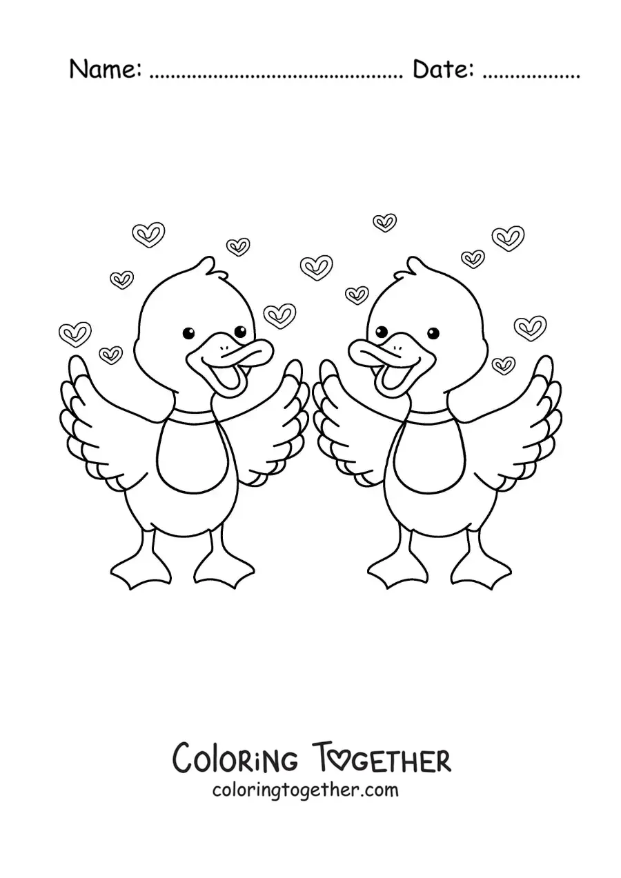 Coloring page of a pair of animated ducks in love