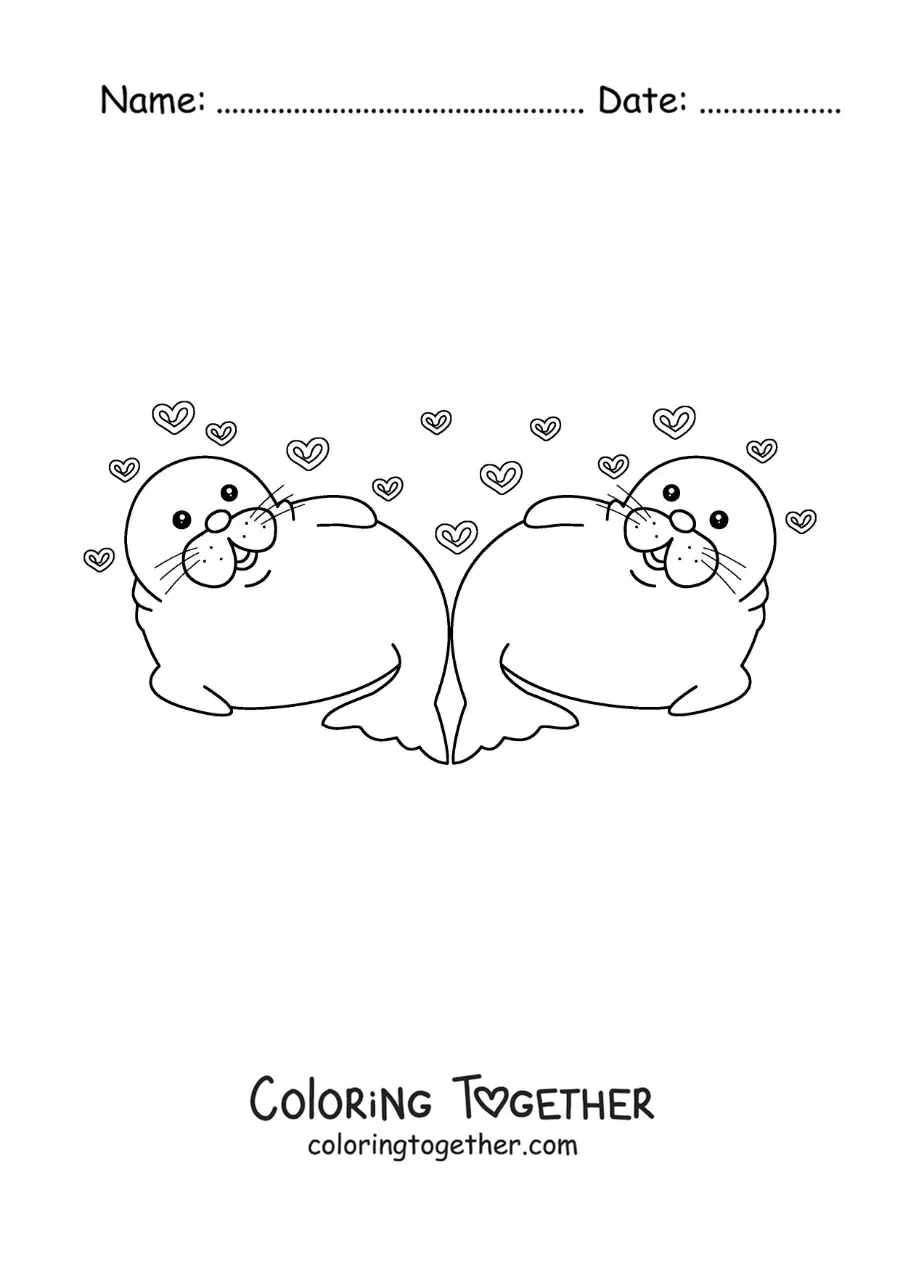 Coloring page of a pair of animated seals in love