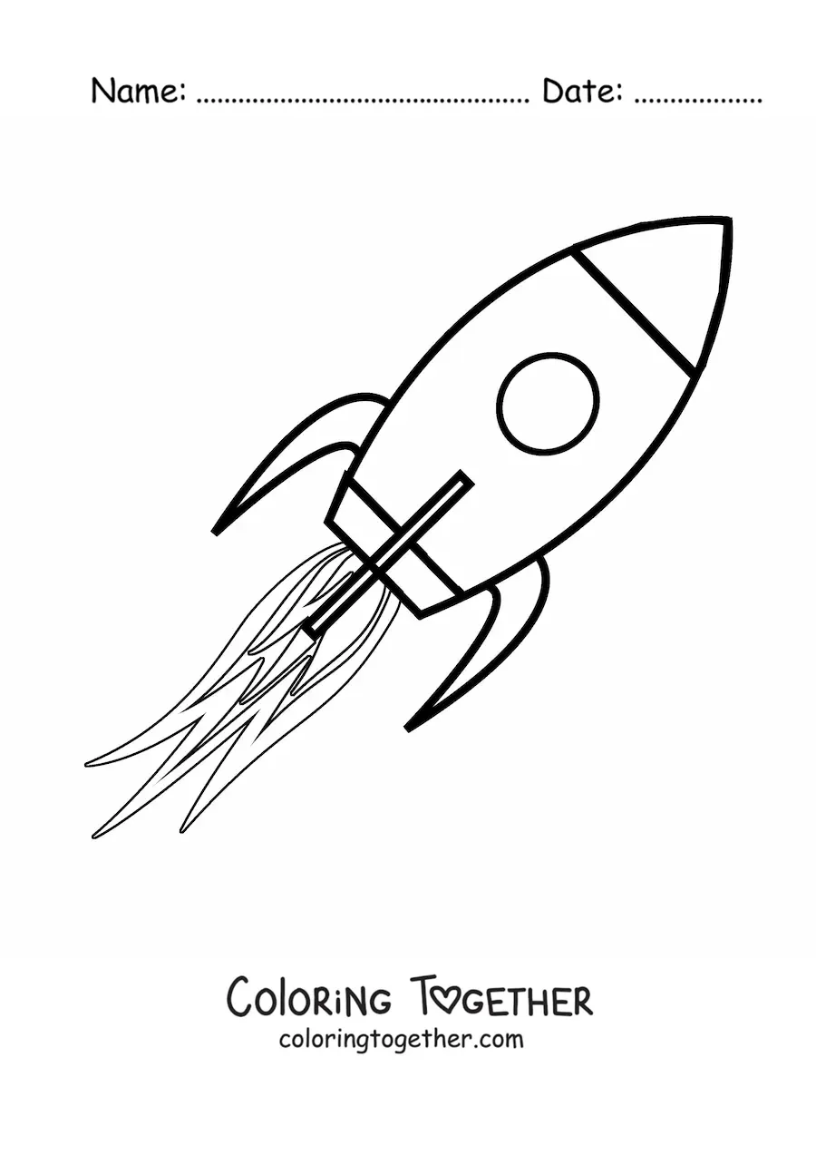 Coloring page of a space rocket flying with its thrusters on