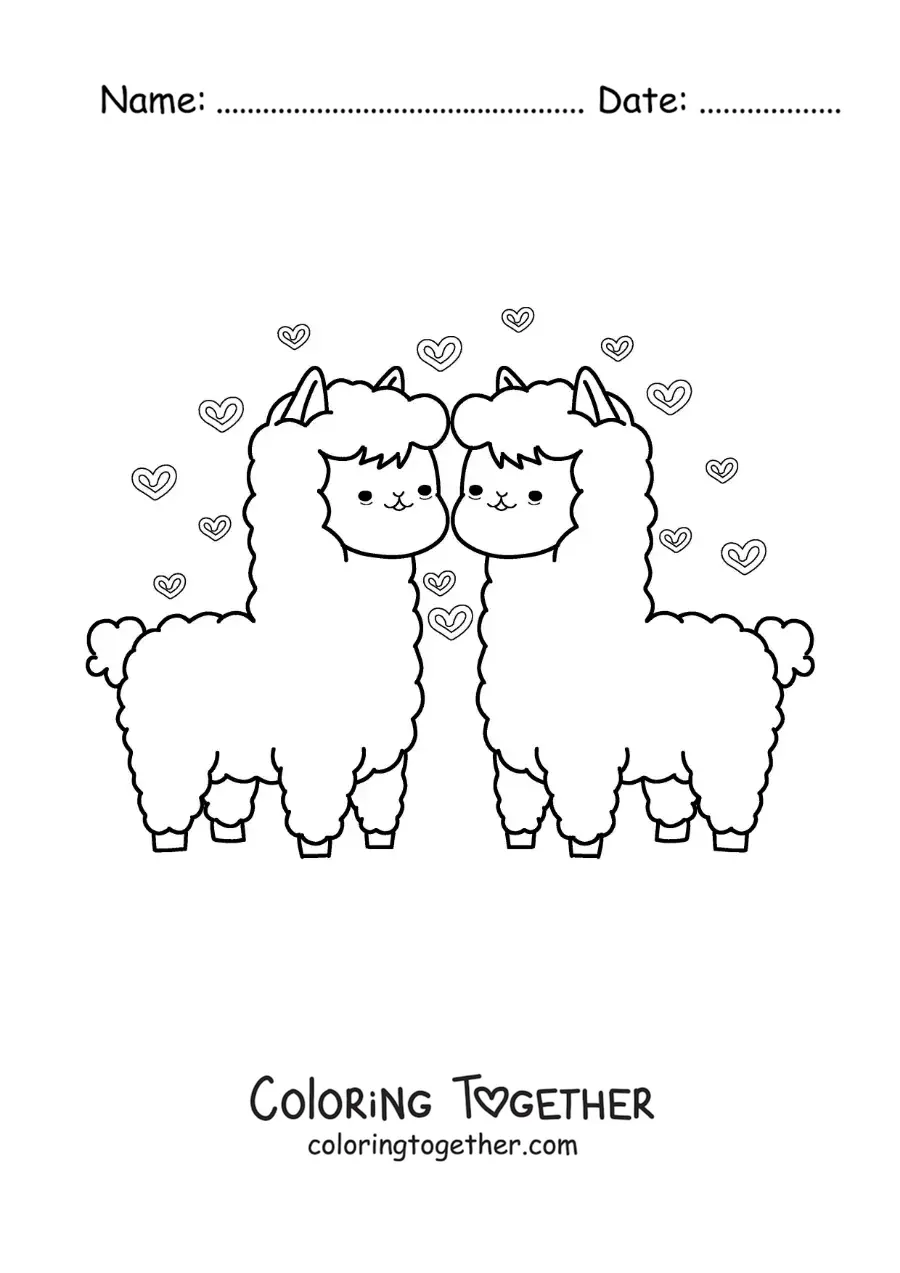 Coloring page of a pair of animated alpacas in love
