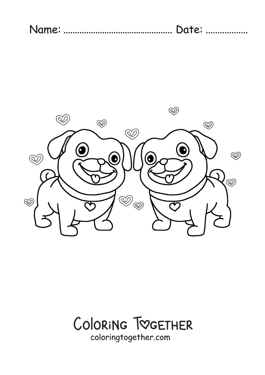 Coloring page of a pair of animated puppies in love