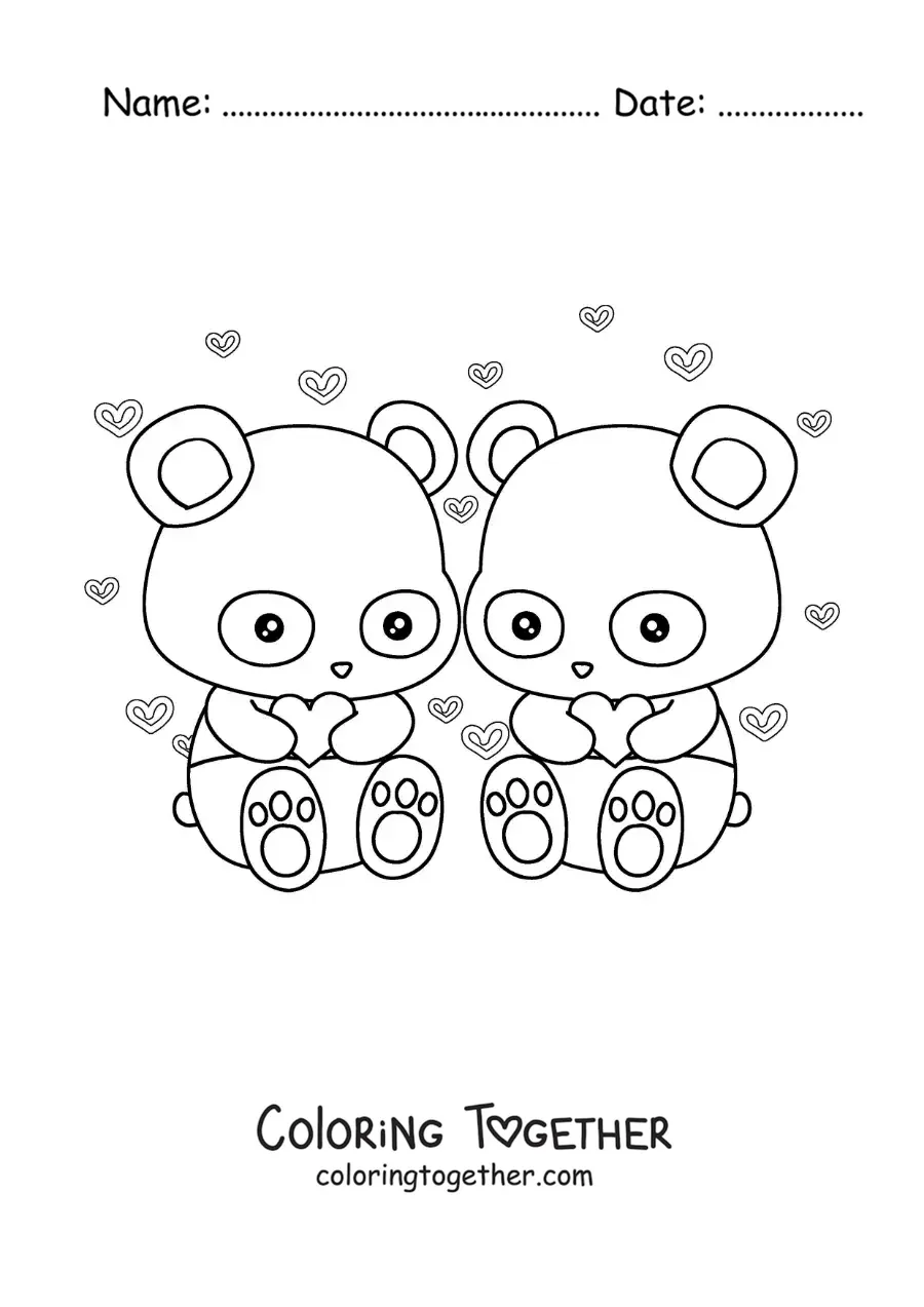 Coloring page of a pair of animated pandas in love