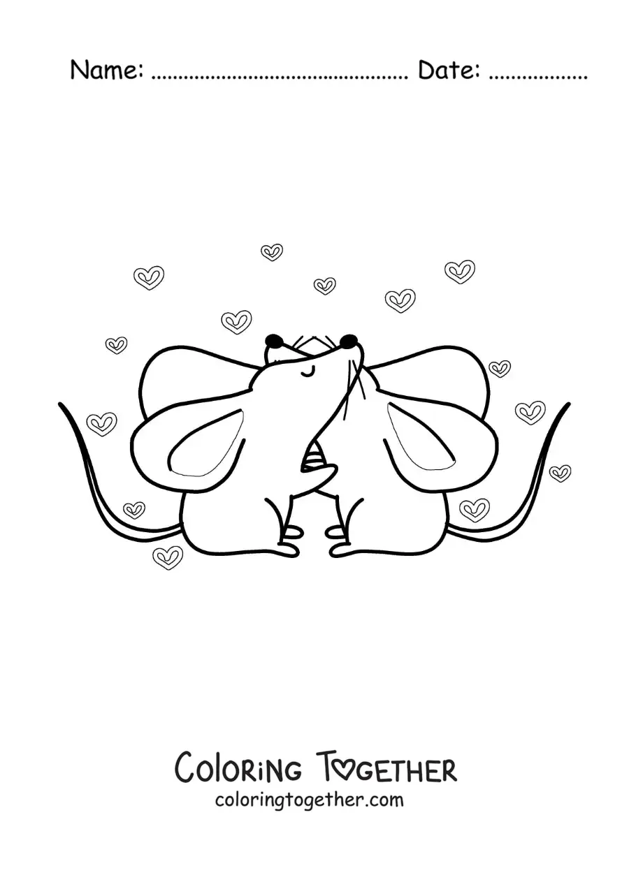 Coloring page of a pair of animated mice in love