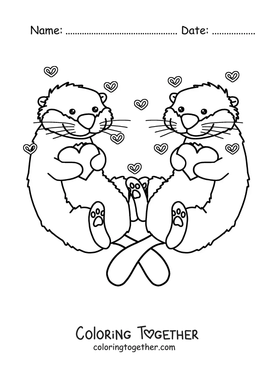 Coloring page of a pair of animated otters in love